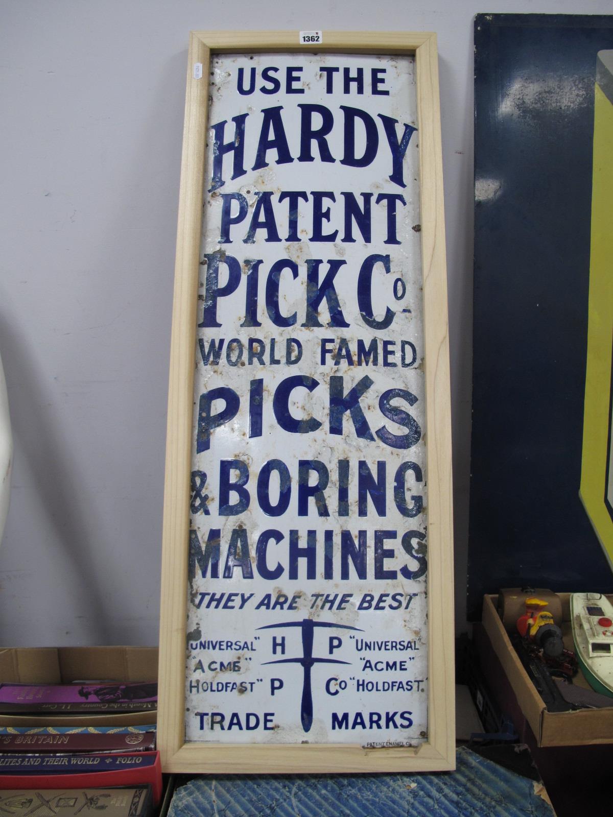 Vintage Advertising - Enamel sign 'Use The Hardy Patent Pick Co',World framed picks and boring,