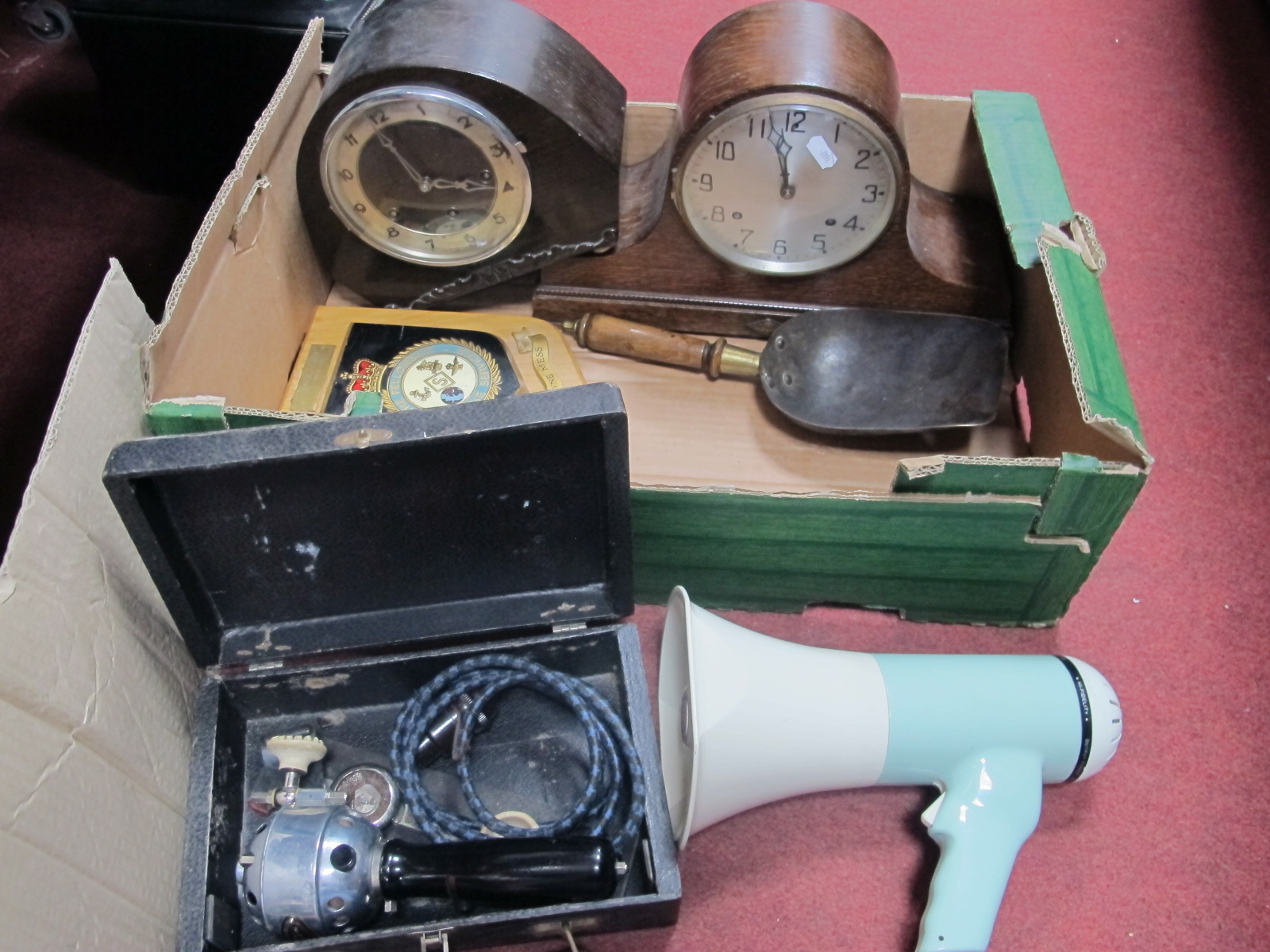 Two Mantle Clocks, megaphone, oak shield, coal scoop, etc:- One Box.
