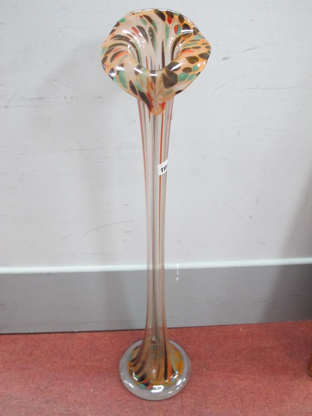 Glass Spill Vase Floor Standing, 84cm high, coloured streaks at top and down stem, 82cm