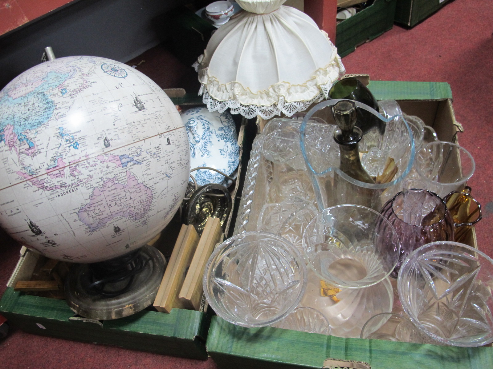 Glassware, Straits vase, table lamp, globe, etc:- Two Boxes.