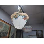 A 1920's Nine Sided Mottled Glass Ceiling Light, with floral decoration, a similar hexagonal