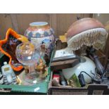 Two Boxes of Household and Decorative Items, to include elephant lamp, with glass shade, clock,