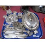 A Plated Tureen, plated egg cruet, cutlery, etc:- One Tray.