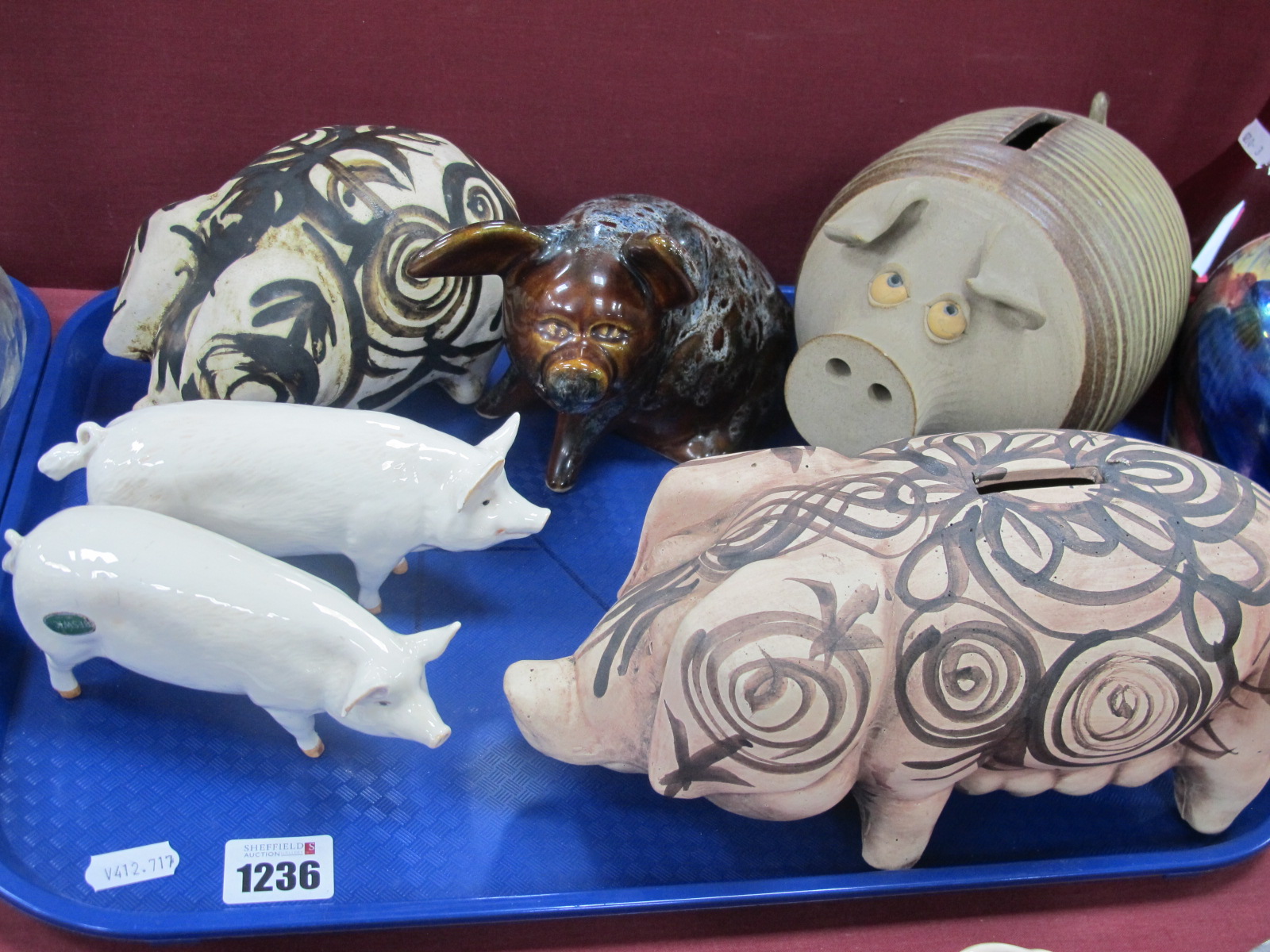 Chelsea Pottery Piggy Bank, Muggins and one other, Beswick CH Wall Queen and Boy, etc:- One Tray (