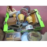 Wooden Boxes, kitchen scales, leather covered toilet set, metalware, etc:- One Box