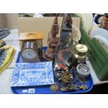 Catherine Tutt Pewter Vase, 33cm high, clocks, carved wooden figure, Blue room dish, etc:- One