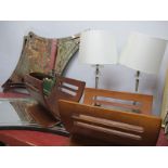 A Pair of Concave Diamond Shaped Wall Mirrors, 110cm high, pair of table lamps, Bentwood newspaper