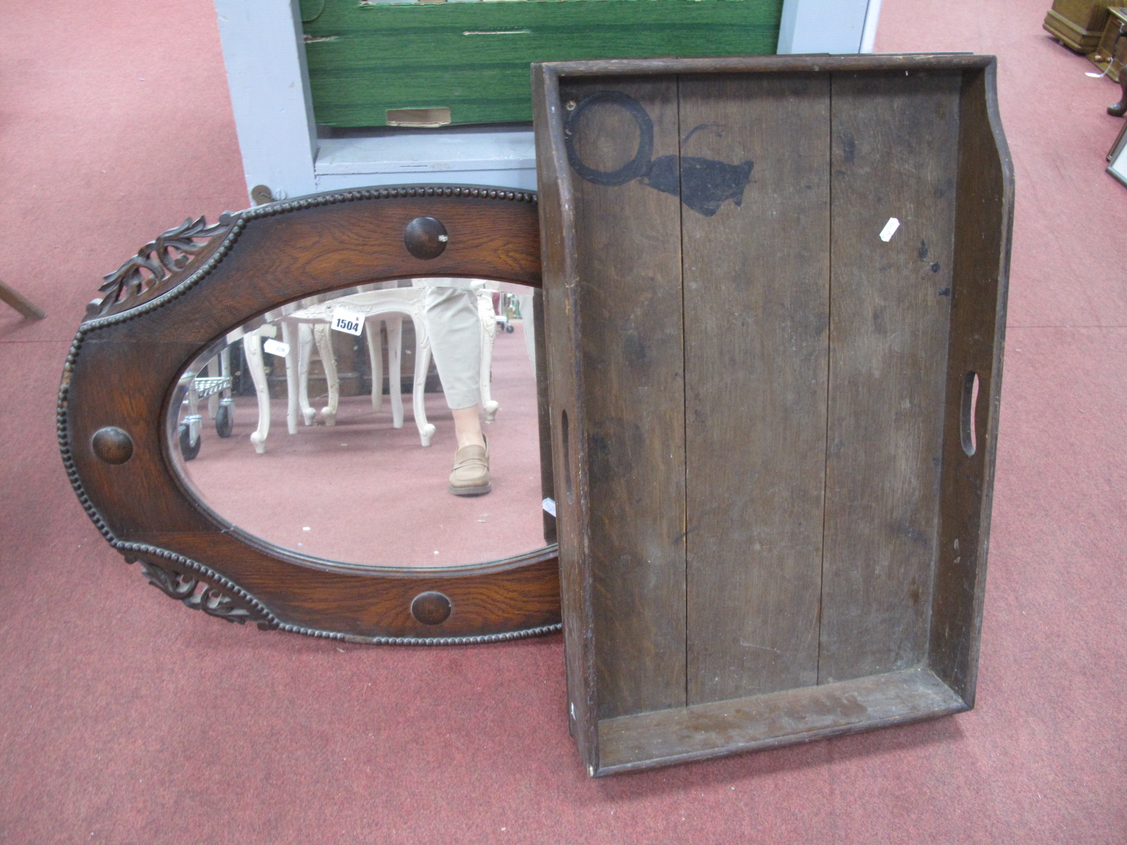 Oval Bevelled Wall Mirror, in oak frame, oak butlers tray, lacking stand. (2)