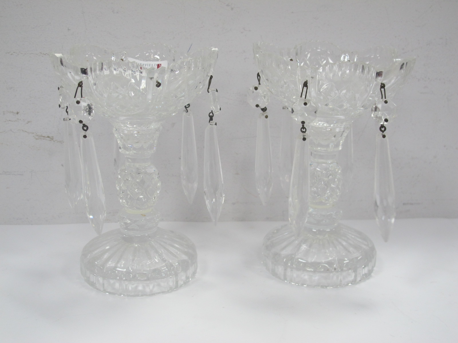 A Pair of Cut Glass Table Lustres, with glass drops.