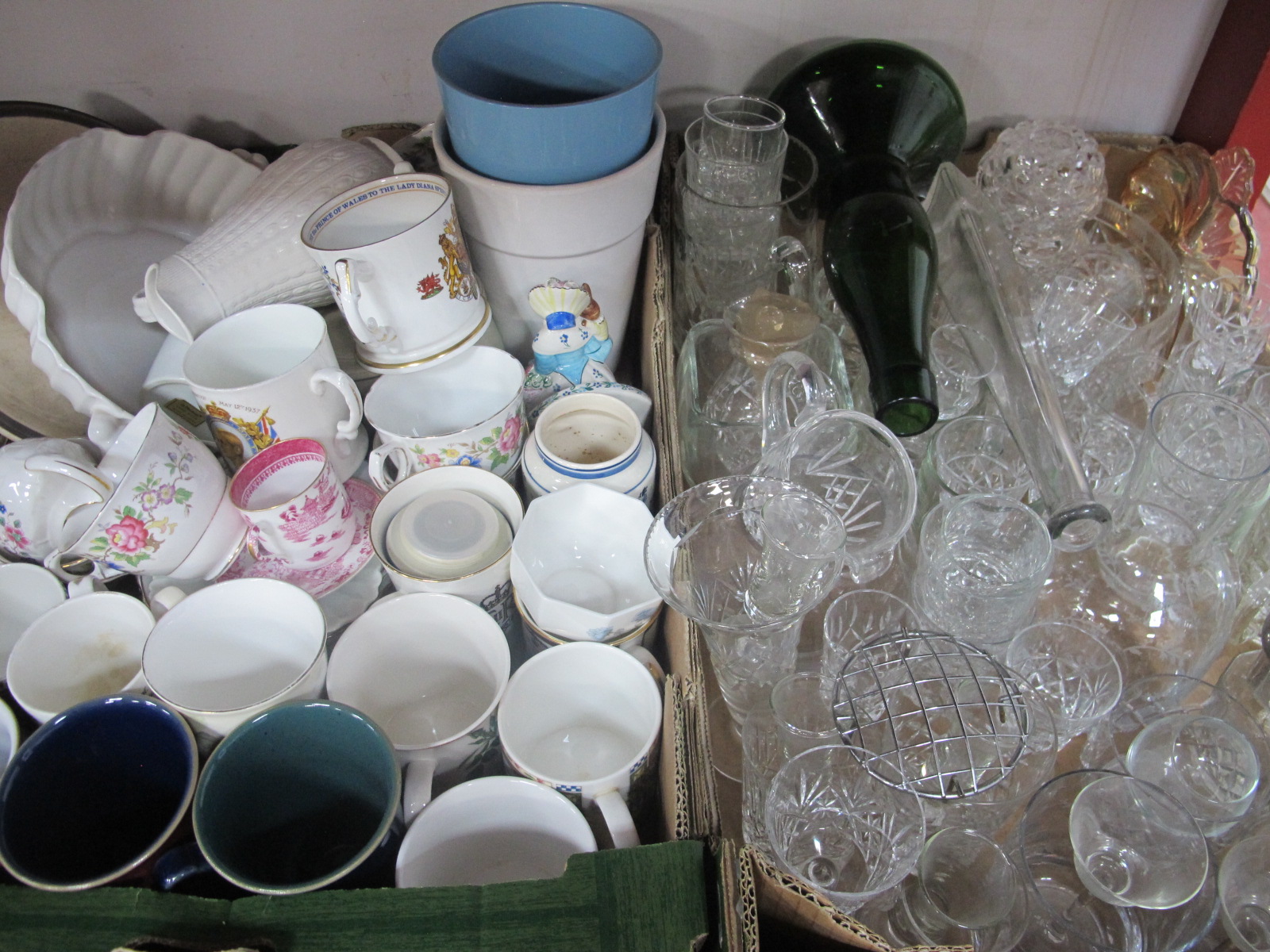 One Box of Glassware, Whisky glasses etc, mugs etc:- Two Boxes.