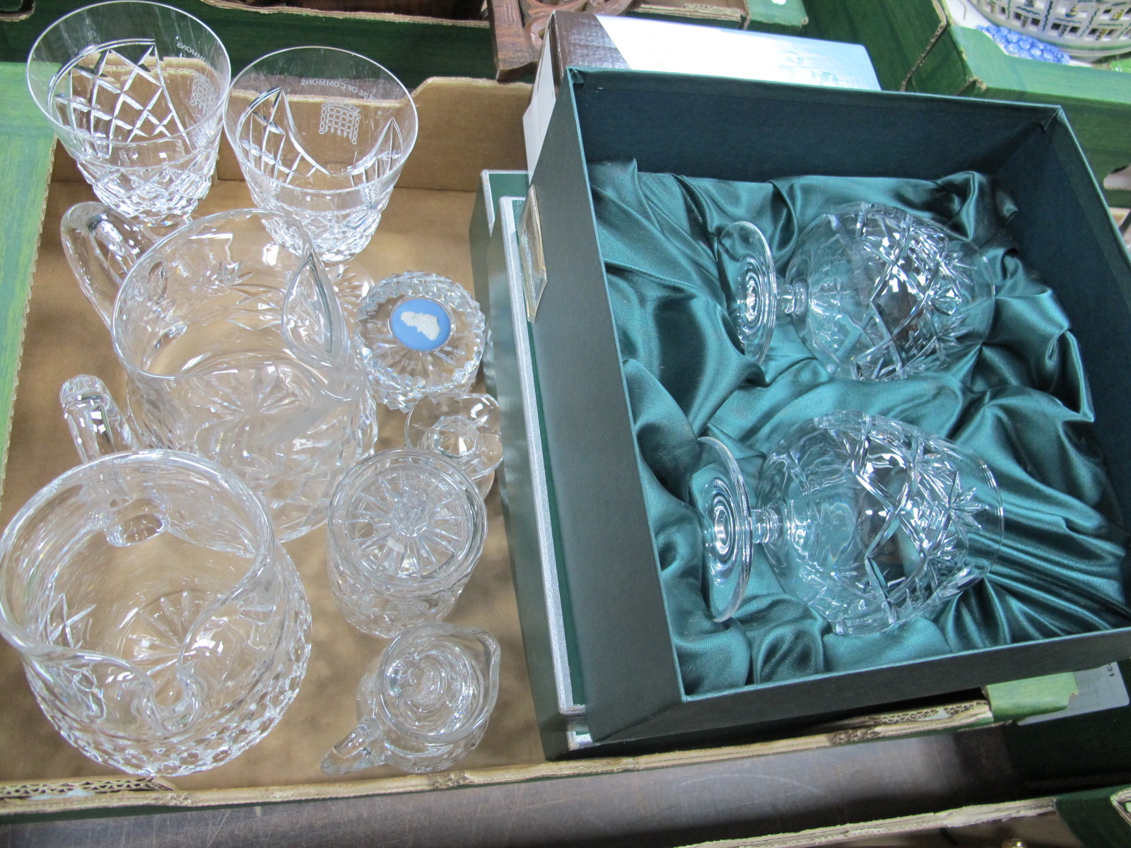 Three House of Commons Large Goblets by Stuart, water jugs, Wedgwood Nelson paperweight, other