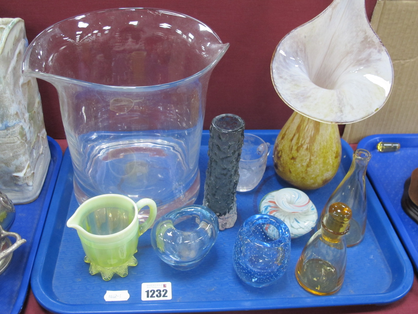 Clear Glass Two Lip Ice Bucket, Alum bay glass vase, other glassware:- One Tray