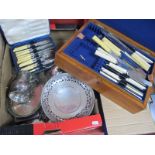 A Plated Pedestal Bowl,. cased cutlery, oak cutlery box, etc:- One Box.,