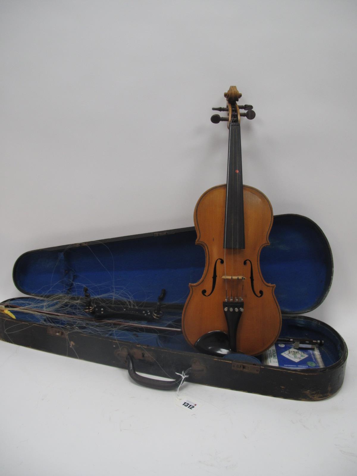 A Violin with Two Piece back, bearing label Maker Ralph -----, Cleveland plus bow in an ebonised