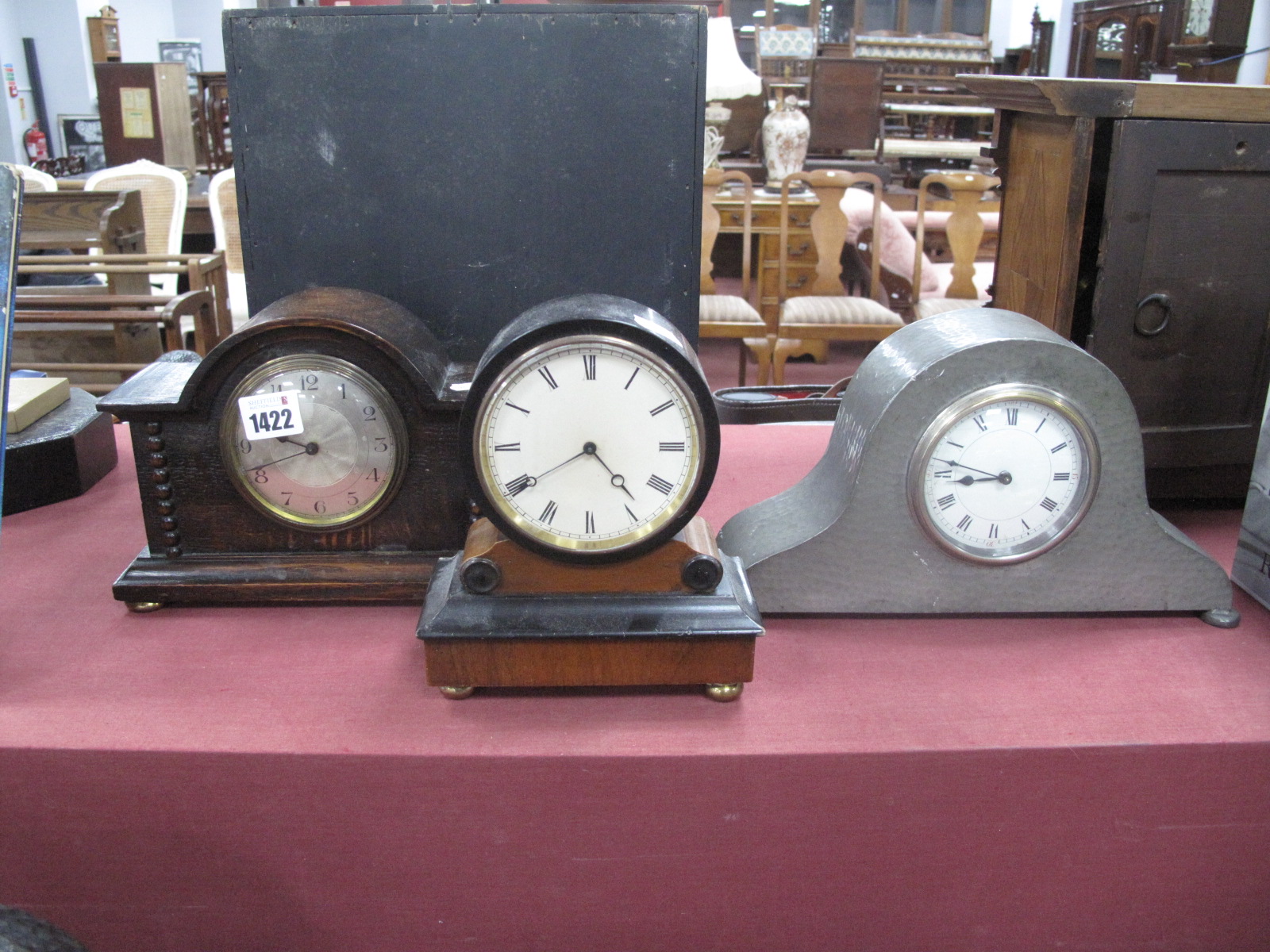 T.W.Ward Hand Hammered Pewter Mantel Clock, 1920's oak mantel clock and one other clock.