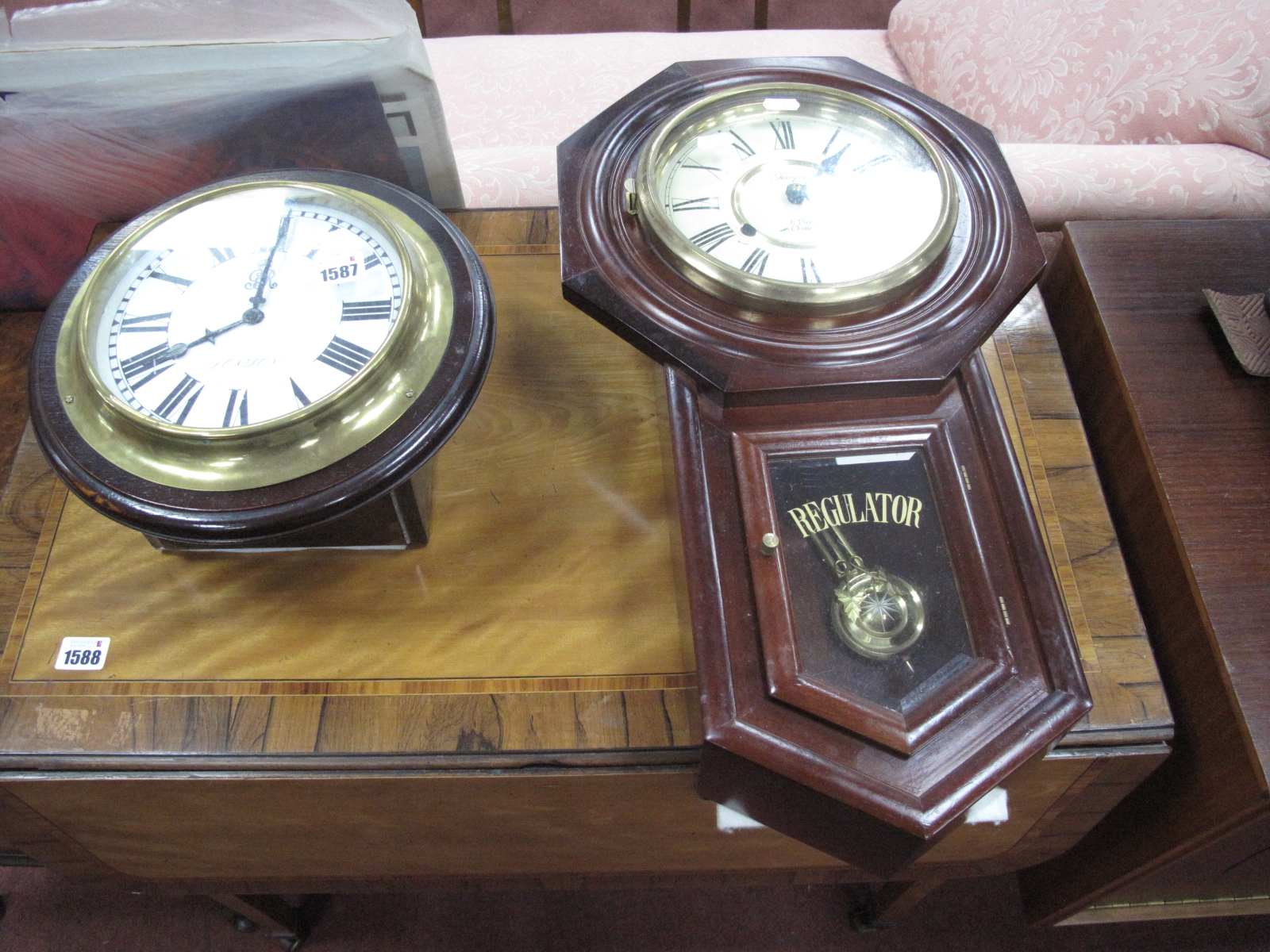 Tempus Thirty One Day Mahogany Regulator Wall Clock; together with one other circular wall clock.