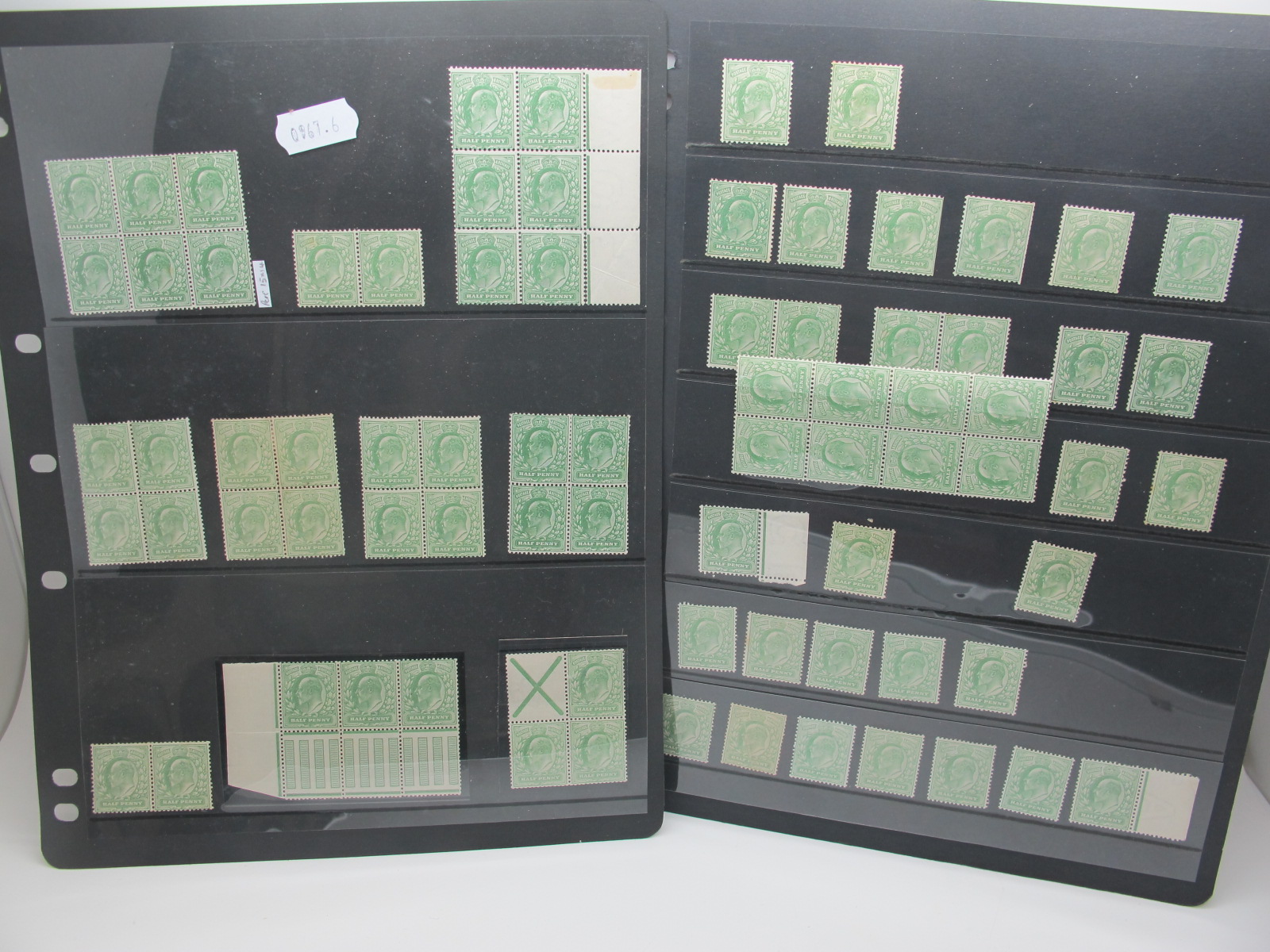 G.B King EDVII ½d Green Collection, on five stock sheets, includes examples from various printers,