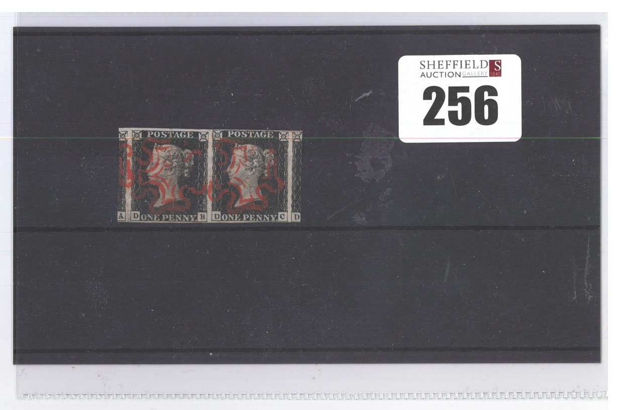 G.B Pair of 1840 1d Blacks, letters D B and D C, both four margin with Red Maltese Cross.