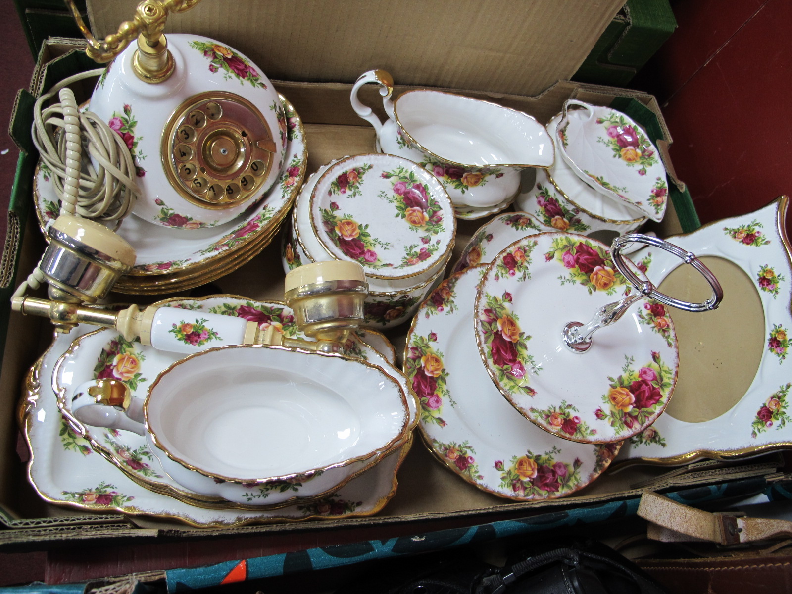 Royal Albert 'Old Country Roses' Telephone, cake stand, photo frame, posy and table ware.