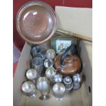A Copper Warming Pan, kettle, tankards, goblets, etc:- One Box.