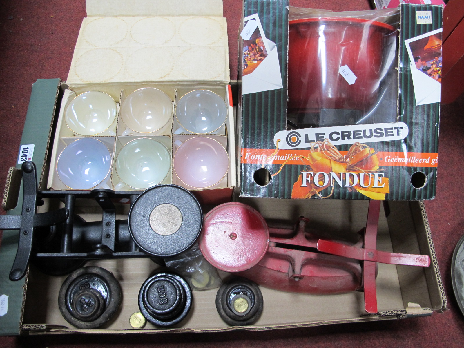 Opale Arcopal Coffee Cups-Saucers, Le Creuset Fondue, scales - weights:- One Box.