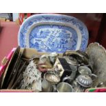 Tastevin, oval salts, basket, other plated wares, brassware, bellows, Willow pattern mead dish.