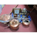 Copper Kettles, jug, eight day mantle clock and barometer in oak frames, mineral painted ducks,