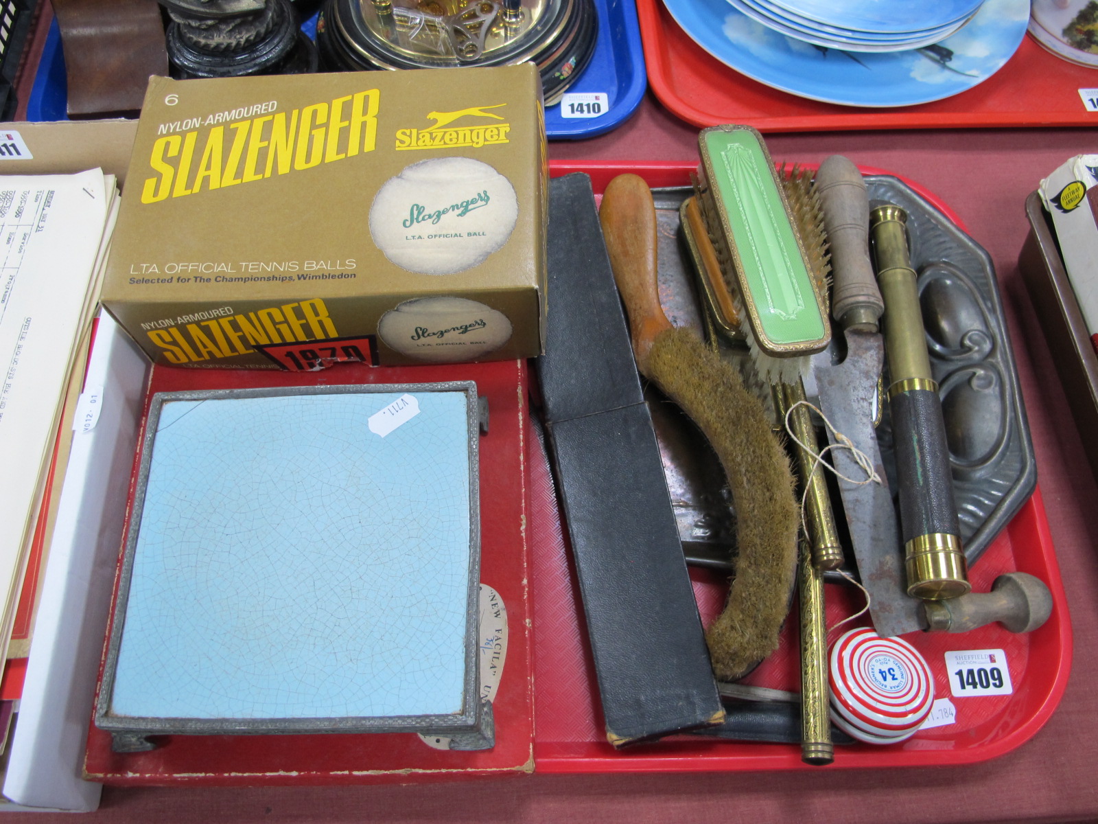 A Set Square, herb cutter, crumb tray and brush, dressing mirror and brushes, telescope, Yoyo,