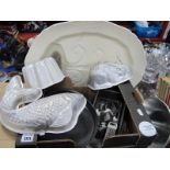 Ivory Pottery Meat Plate, with well; a small collection of aluminum and other moulds, cake tins,