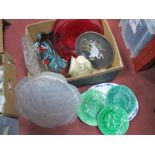 A Ruby Glass Shallow Dish, 36cm diameter, pottery salt cellar, light shade, plates, etc:- One Box.