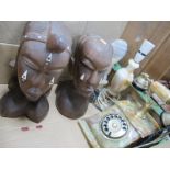 Onyx Anvil Telephone Table Lamp and stylized figure, pair of carved hardwood busts.