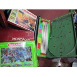 Bagatelle Board, Monopoly, Etch a Sketch, Subbuteo, Racing game, etc, Snooker cue. (6).