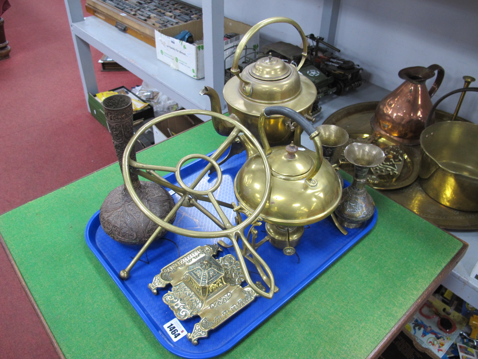 Two Brass Spirit Kettles on Stands, folding trivet, Bidri style vases, etc:- One Tray.