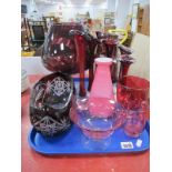 Amethyst Glass Stemmed Bowl, 27cm high, spill vases, cranberry pedestal dish, jug, etc:- One Tray.