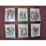 Six Ceramic Satirical Golfing Plaques, including jaded golfer, beginner, first player, all framed 24