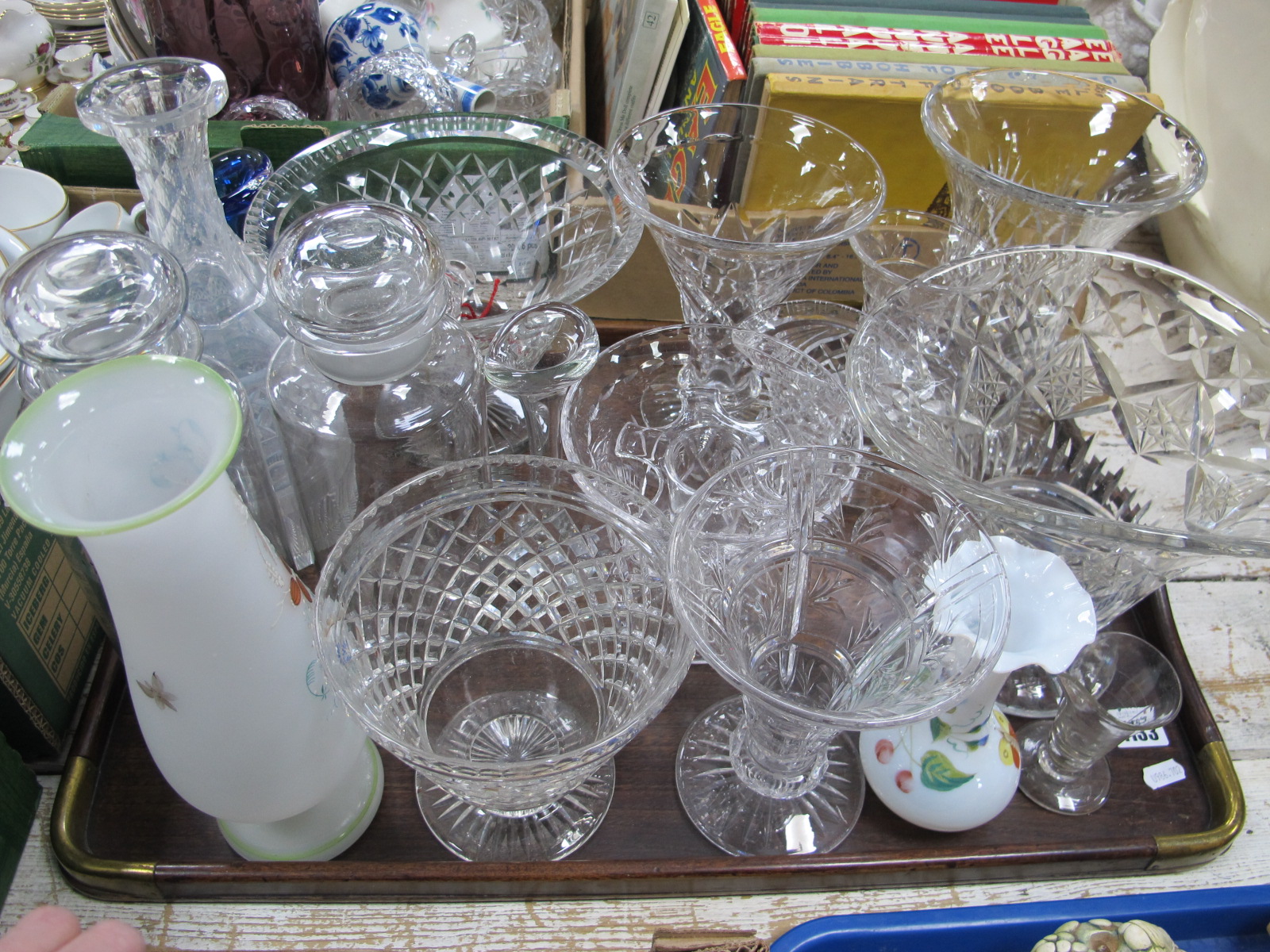 A Large Decanter and Stopper, 38cm high, vases, opaque painted vase, kitchen jars, etc:- One Tray.