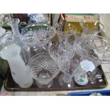 A Large Decanter and Stopper, 38cm high, vases, opaque painted vase, kitchen jars, etc:- One Tray.