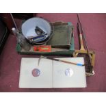 A Jam Pan, copper horn, crops, records, flat iron, piano stops, etc:- One Box.