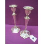A Pair of Hallmarked Silver Slender Candlesticks, (marks rubbed) (dents / repair), 19cm high. (2)