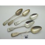 A Pair of Hallmarked Silver Fiddle Pattern Spoons, initialled; together with three further