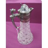 A Hallmarked Silver Mounted Glass Claret Jug, HBRS, Sheffield 1968, with hinged lid, scroll handle