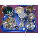Assorted Plated Ware, including decorative swing handled sugar basket with green glass liner, a