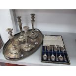 A Pair of Large Plated Candlesticks, with gadrooned decoration (drilled), 30cm high; together with a