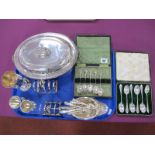 Cased Hallmarked Silver Teaspoons, two hallmarked silver christening forks, plated oval lidded