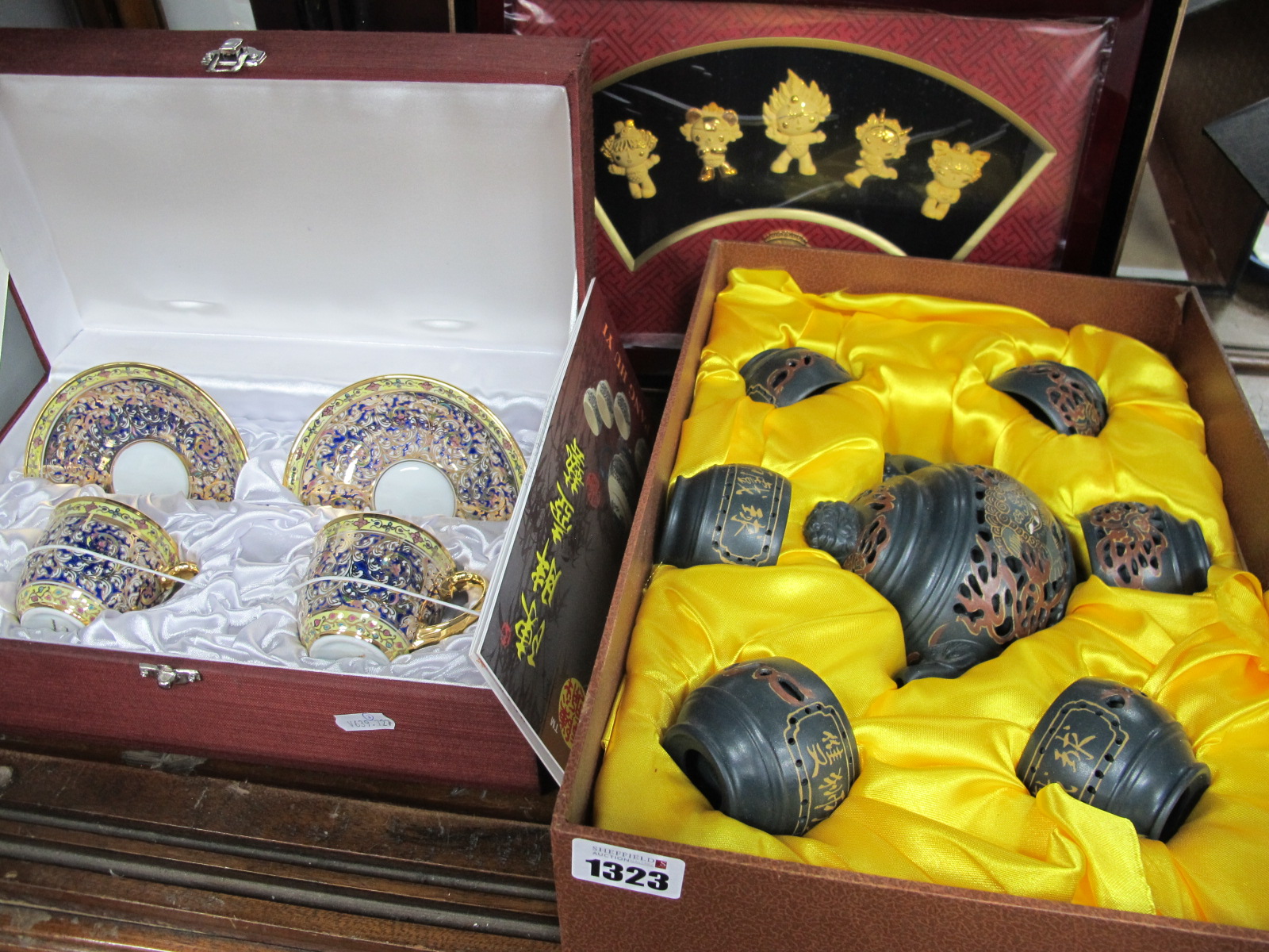 Oriental - Chen Pang Hu Yi Tea Set, in box, good fortune five figure set in box, Russian cups and