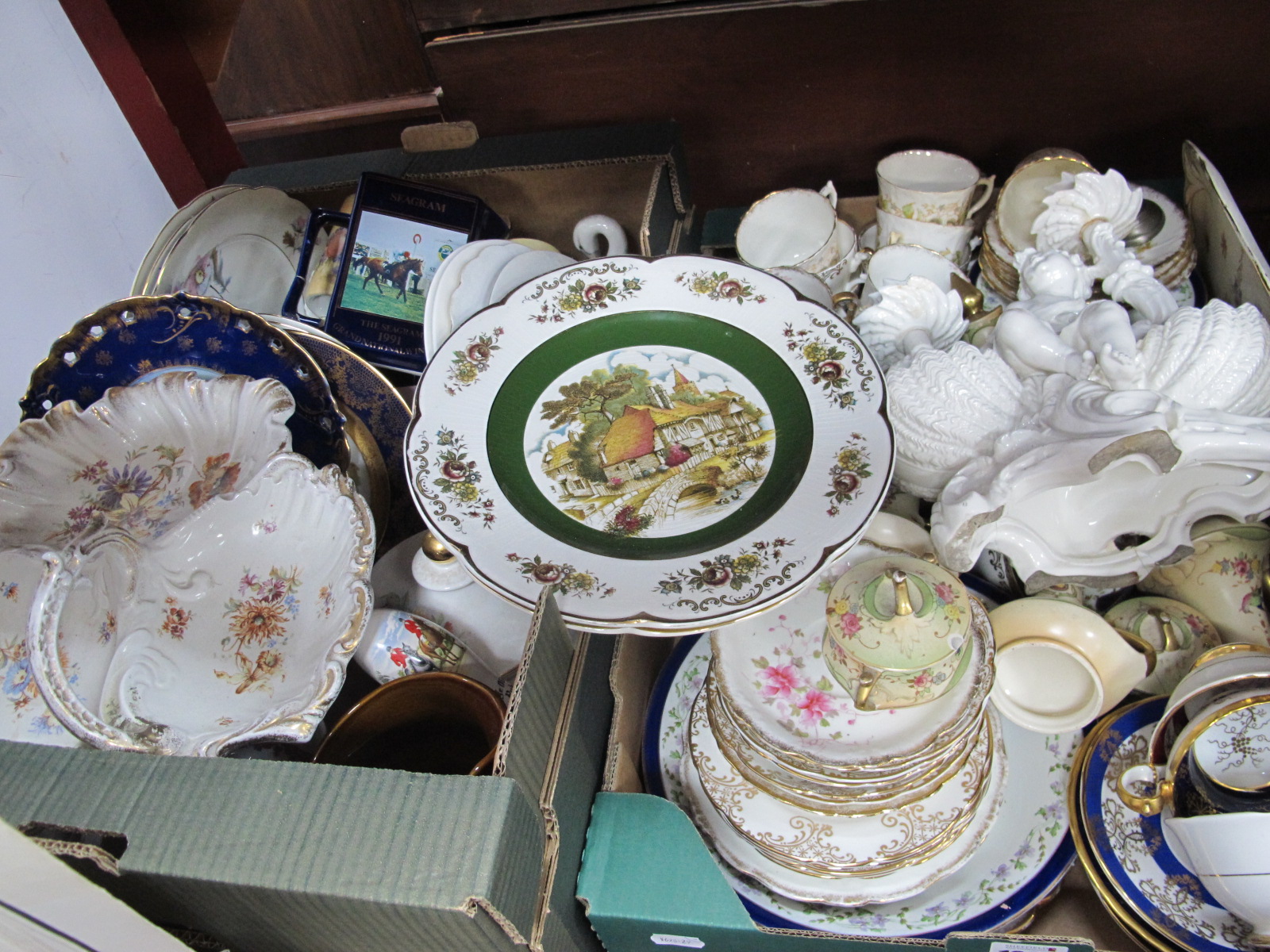 Royal Grafton Cups and Saucers, dressing table set, Limoges plate, etc:- Two Boxes