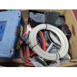 Car Jack, jump leads, bench vice, spanners, cutlery, sports glass, etc:- One Box