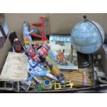 A Mid XX Century Tinplate Chad Valley Globe, a 1969 Rupert book, other small tinplate toys,