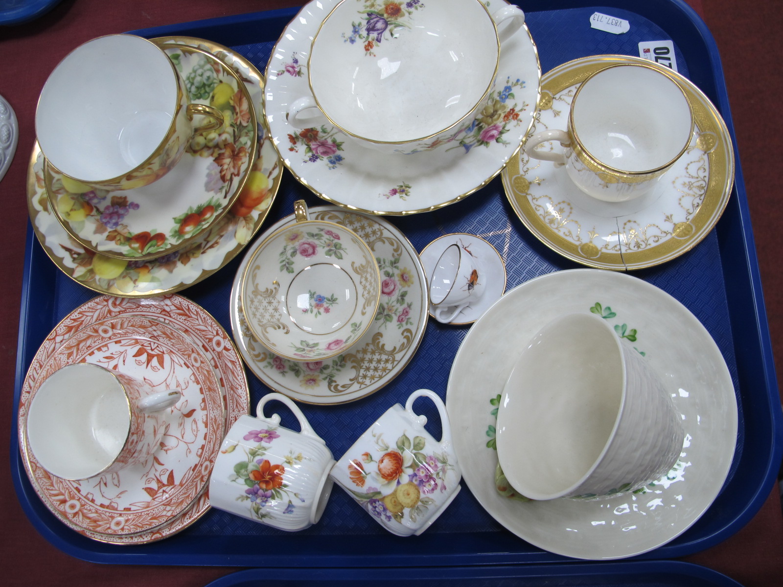 Belleek, German and other Cups and Saucers, Roanoke soup, Caverswall M. Grant miniatures, etc:-