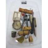 Corkscrew, compass, XIX Century horn handled button hook, hat pins, etc.